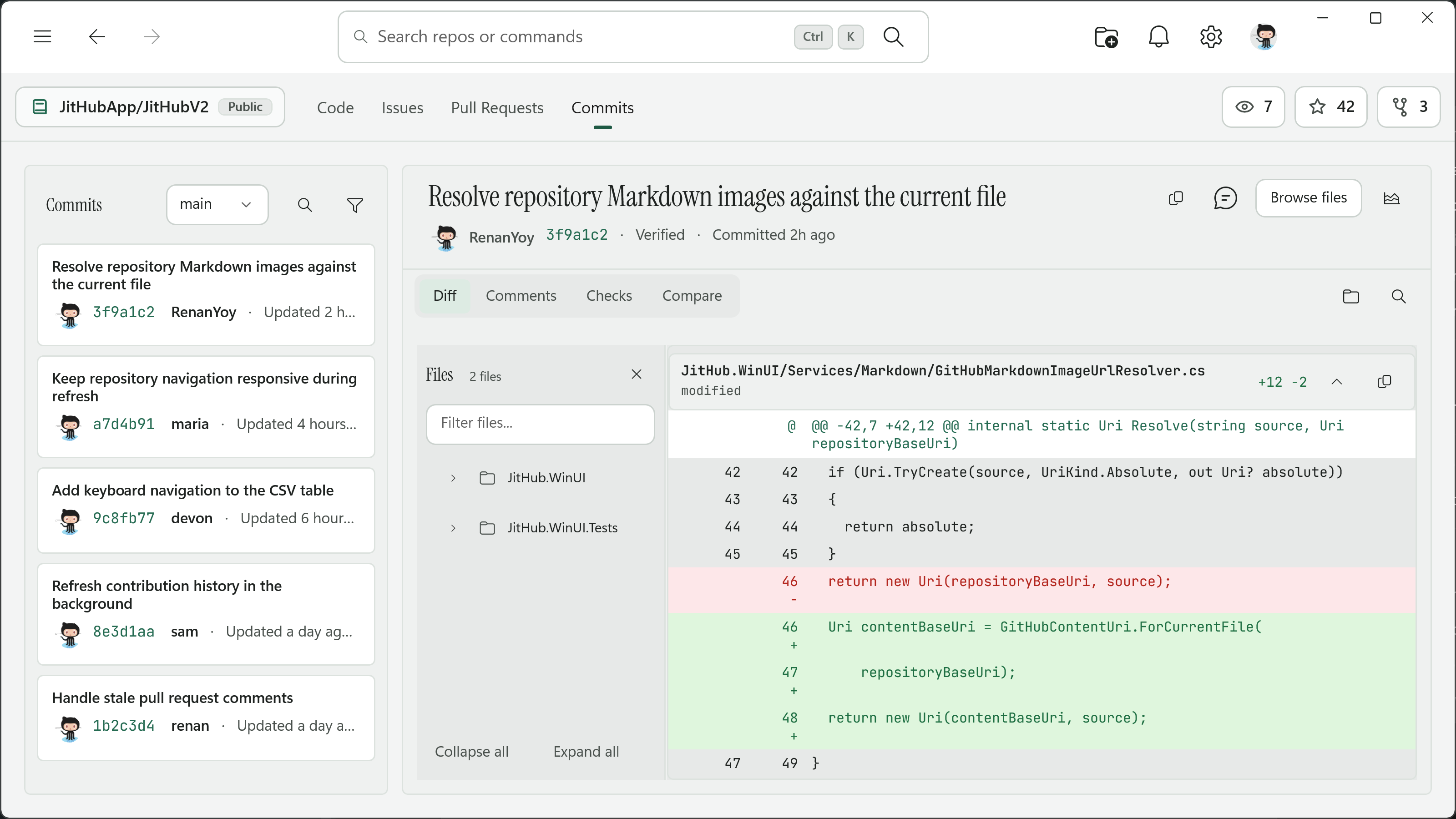 JitHub’s commit workspace with history, changed-file tree, virtualized diff, comments, checks, and compare tools.