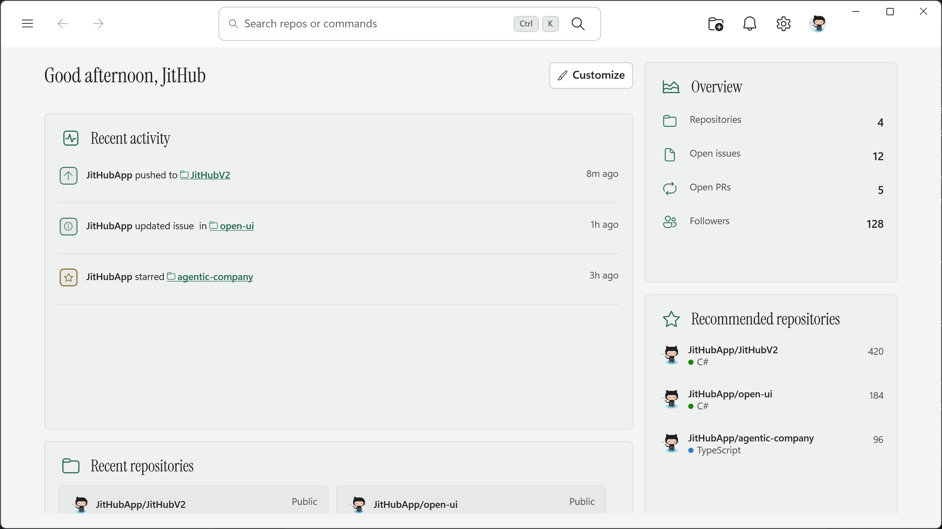 JitHub’s customizable Home workspace with global search, navigation, repository rail, overview, and activity widgets.